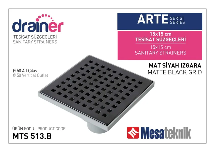 MTS 510B Arte Serisi 15 cm Tesisat Süzgeci Mat Siyah Izgara